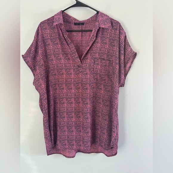 Pleione V Neck Collared Top Cap Sleeves Pink and Navy. Sz XXL plus size casual - Picture 2 of 11